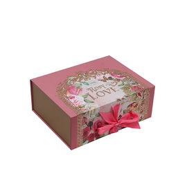 Collapsible Magnetic Closure Gift Box With Ribbon , Paper Gift Box Rose Red Color